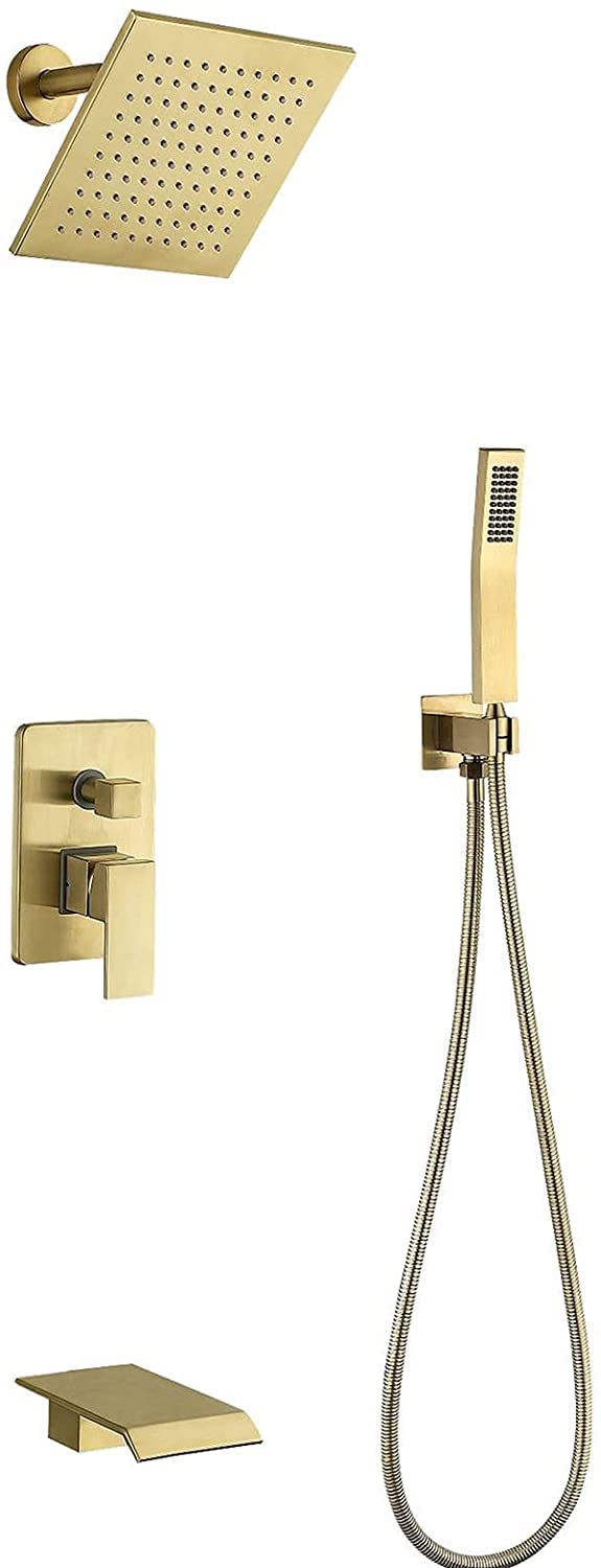 GLJTUO Shower System with Tub Spout and Handheld Shower Faucet Set with 8" Rainfall Shower Head Shower Set Brass Wall Mount Shower Set, Rain Mixer Shower Combo Set, Br,