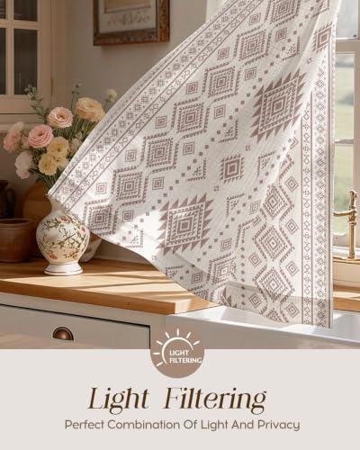 Image of Miss Adola Boho Kitchen Curtains - 24 Inch Length Linen Blend Geometric Striped Cafe Curtains Western Tier Curtain Short Drapes Rod Pocket for Bathroom Living Room Windows Light Filtering, 2 Panels