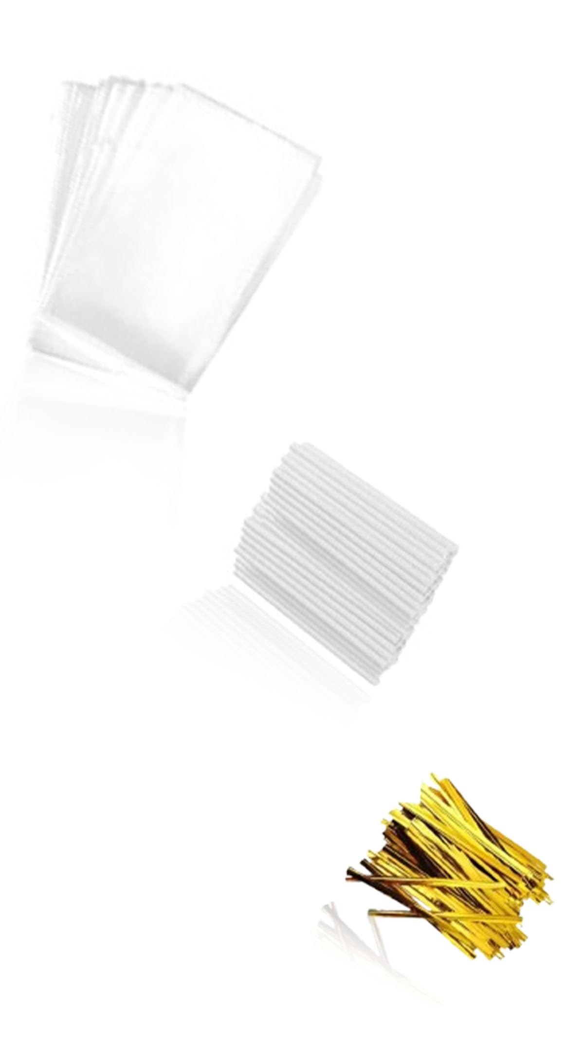 Lollipop & Cake Pop Maker's Delight: 600pcs （6in Sticks, Gold Twist Ties + Clear Bags） for Homemade Sweets, Candy, Chocolate, & Cookie Crafts - for Parties, Weddings, & Festive Treats