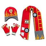 Kidorable Red Fireman Soft Hat/Scarf/Glove Set for Boys w/Fun Flames Truck and Hydrant Ages 3-5