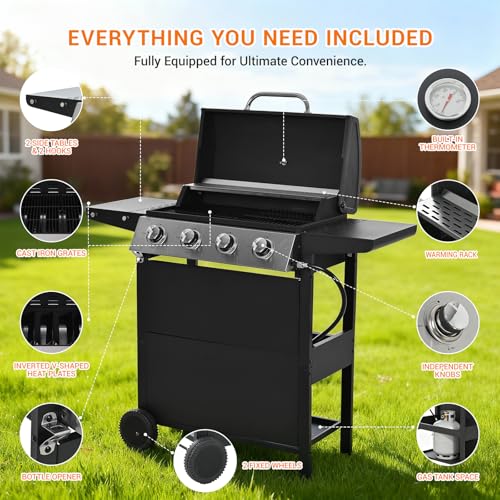 Image of EUHOME 4-Burner Stainless Steel Gas Grill | 34,000 BTU Total Output & 421 sq.in Cooking Area | Powerful Even-Heat System for Large Family BBQs & Backyard Parties