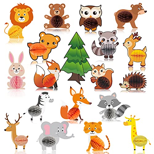 Odowalker 19PCS Woodland Animals Honeycomb Centerpieces Jungle cutouts Woodland Creature 3D Table Decorations for Woodland Forest Camping Animal Theme Party Creature Baby Shower Birthday Supplies