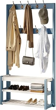 3-in-1 Entryway Coat Rack Shoe Bench, Sturdy Wood Hall Tree with Storage Bench and 9 Removable Hooks, Storage Organizer Bench with,Coat Shoe Rack Stand Easy Assembly,100X30X170CM