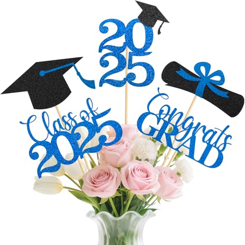 MSZWTDZX Blue Graduation Decorations 2025, 20Pcs Class of 2025 Graduation Centerpieces for Tables, Double-Sided Grad Table Centerpieces with Sticks, Grad Party Decoration Supplies(Black&Blue)