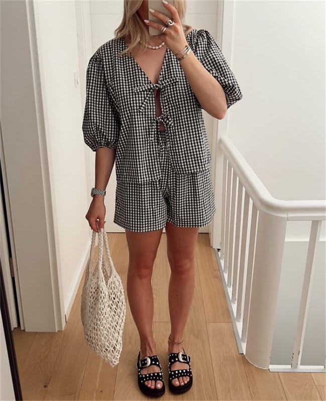 Image of Thopavenoir Women 2 Piece Casual Lounge Sets Y2k Puff Sleeve Peplum Shirt Tie Front Tee Shirt Shorts 2pcs Pajamas Sets (Black #Ge7h, S), Small