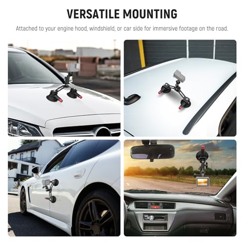 Image of NEEWER Dual Suction Cup Car Mount Kit with 360 Ball Head Magic Arm, Quick Release Air Pump Vacuum Camera Mount with Phone Holder & Action Camera Adapter Compatible with GoPro Insta360 DJI OSMO, CA066