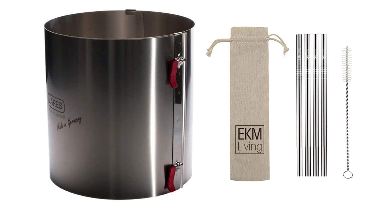 Lares EKM Living - Anillo para tartas con palanca de sujeción XXL, altura 20 cm, resistente al calor, resistente a los ácidos de frutas, extra alto, diámetro de 17 – 30 cm, incluye 4 pajitas de acero