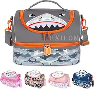 Kids Lunch Bag, thermal Insulated Lunch Bag for Girls Boys, Insulated Two layer Cooler Bag, Lunch Bag Toddler Teen, School Travel bags, Water Bottle and lunch box Holder with Adjustable Strap (Shark)