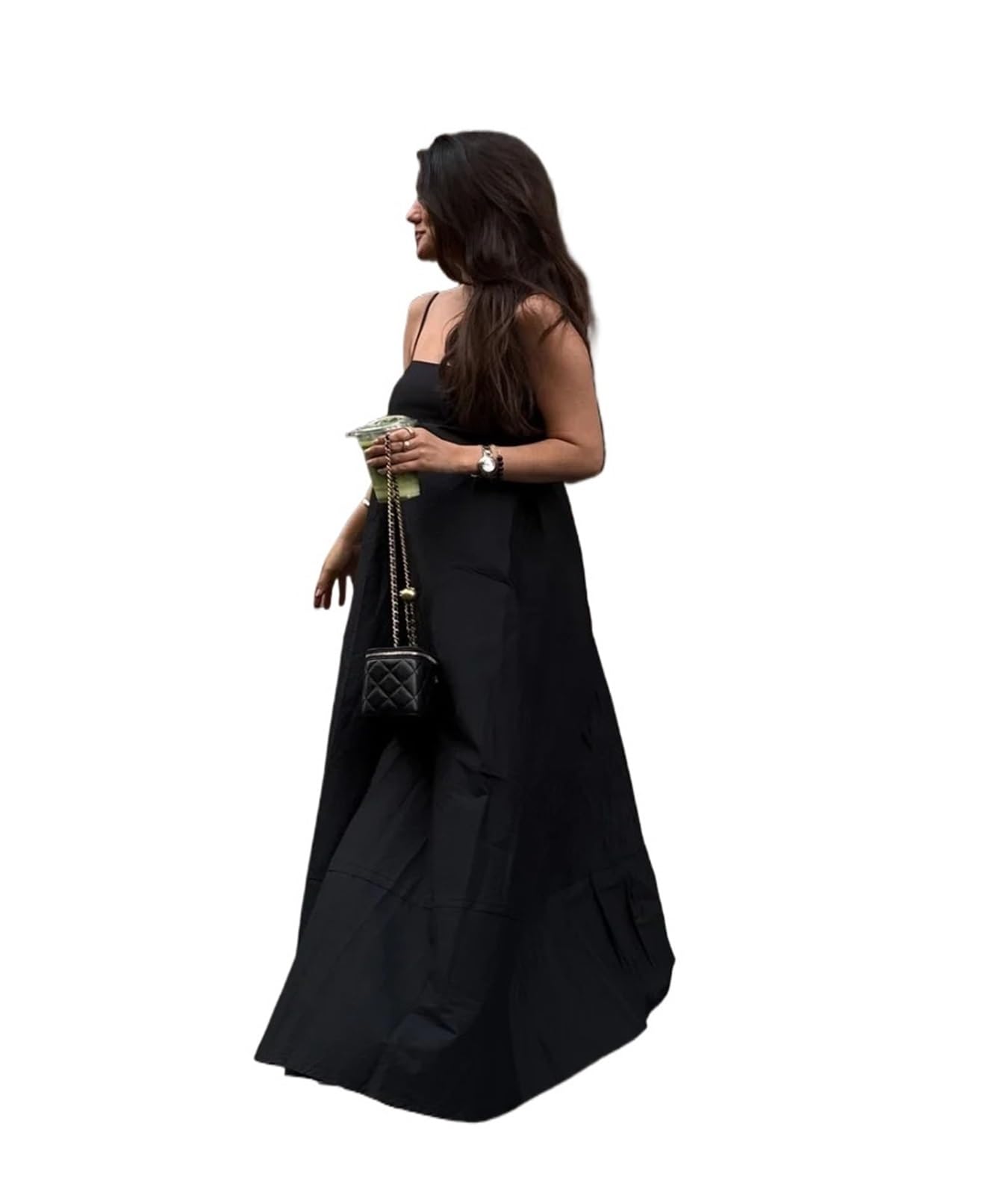 Fond De Robe Femme Robe longue noire dos nu à bretelles for femme, décontractée, ample, col carré, taille haute