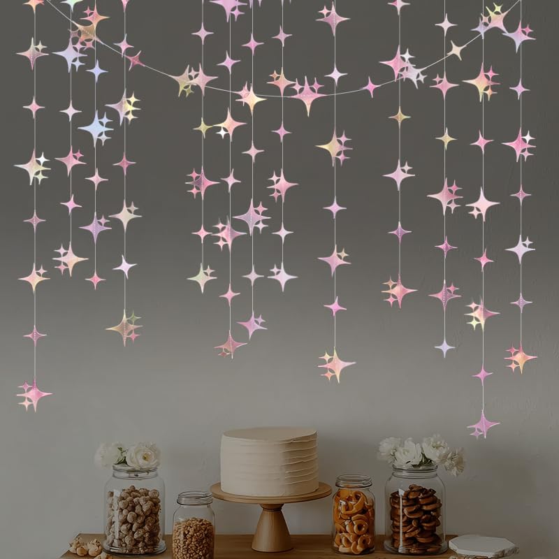 Image of Glitter Iridescent Pink Four-Angle Star Paper Garland Banner 40 Feet Iridescent Pink Twinkle Star Hanging Bunting Banner Backdrop for Wedding Baby Shower Birthday Graduation Disco Party Decorations