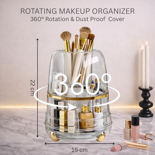 Image of KREPS 360 Rotating Makeup Brush Holder with Lid, Makeup Organizer for Nail Polish Perfume Lipstick Pen-Pencil Paint Brush Stationary, Multifunctional Dressing Table Storage