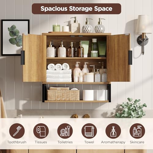 Image of FiveWillowise Fluted Bathroom Wall Storage Cabinet with Open Shelf, Floating Wall Mounted Medicine Cabinet with Adjustable Shelves, Over The Toilet for Bathroom, Laundry Room, Kitchen, Natural Oak