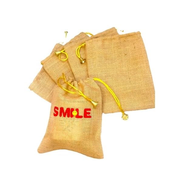 Rangarang Creations Handcrafted Smile design jute potli bag for return gift, jute potli for women, jute linen pouches for diwali, gift bag for return gift, Jute bag, pack of 1 (23 * 18) cm - Image 5