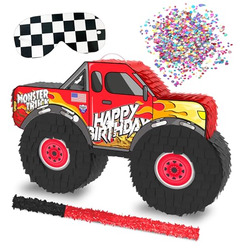 Monster Truck Piñata, 4 Piece Set, perfect for Kids Birthday Parties, Race Car Party Supplies fits piñata candy and party favors (16”X10”) durable! (Red Monster Truck)
