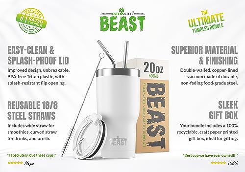 Image of Beast 20oz Insulated Reusable Tumbler - BPA Free Stainless Steel Coffee Cup with Lid, 2 Straws, Brush & Gift Box (