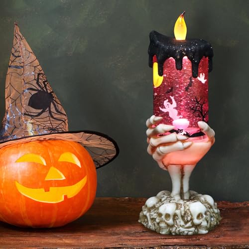 Image of Eldnacele Halloween Snow Globe Candles Lighted Lamp USB Powered Battery Operated Spooky Spinning Water Glittering Tornado Flameless Candles Skeleton Hand Holder Halloween Centerpiece Decor(Ghost)