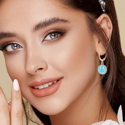 Image of Smiley Face Earrings Huggie Hoop Y2K Preppy Happy Lightning Bolt Heart Star Small Dangle Colorful Gold White Red Pink Yellow Blue Jewelry
