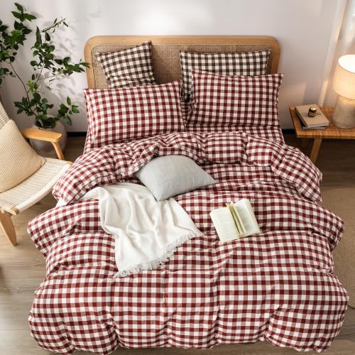 Image of BESTOUCH Gingham Cotton Duvet Cover Set Fired Brick Red Full | Washed Cotton, Linen Feel, Soft Wrinkle Texture, Hidden Zipper, 8 Ties, Breathable Lightweight Durable Comfy, 3 Pcs No Insert