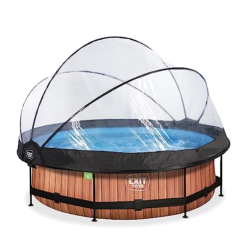 EXIT Toys Piscine Tubulaire Wood avec Dôme Multifonctionnel - ø300x76cm - Piscine Hors Sol Ronde avec Pompe Filtrante à Cartouche - Entrée Basse - pour...