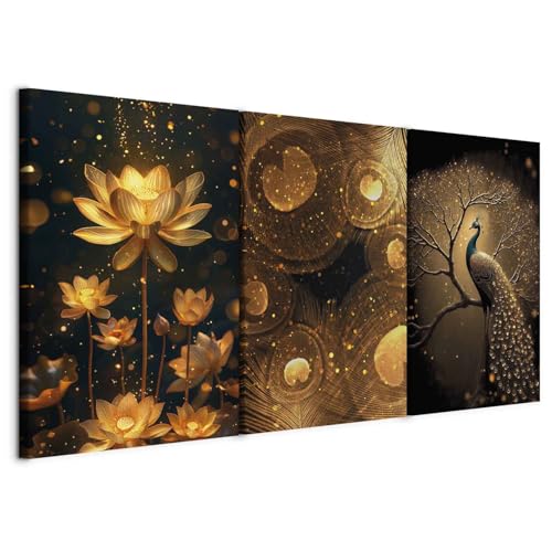 murando - Tableau triptyque mural Ensemble 120x60 cm (3 pièces de 40x60 cm chacune) – Impression sur toile avec cadre pour salon et - Le monde enchanté de l'Orient - Paon et nénuphars b-C-10465-b-a