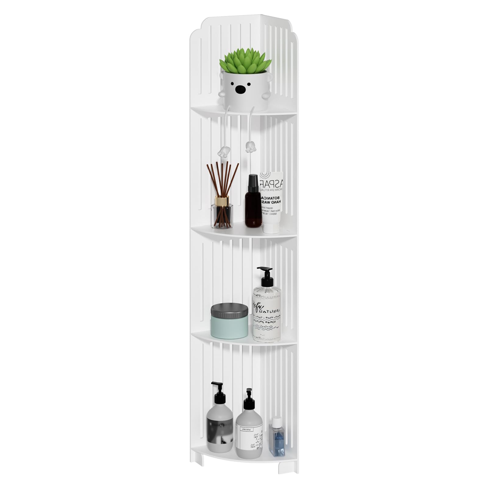 woshapce 4 Tier White Corner Shelf Unit, Slim Bathroom Storage Cabinet, PVC Freestanding Small Corner Storage Tower, Narrow Toilet Roll Holder, Hollow Design Organiser (White)
