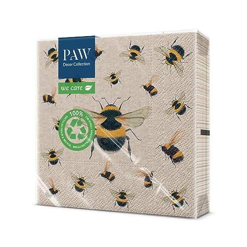 PAW - Napkins 3-Ply (33 x 33 cm) I 20 Pieces I Perfect for Birthdays, Parties, Communion and Celebrations I Paper Napkins with Nature Theme I Environmental Protection, Bees i Dancing Bees