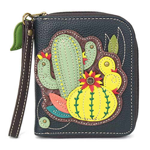Image of CHALA Zip Around Wallet, Wristlet, 8 Credit Card Slots, Sturdy Pu Leather - Cactus - Navy