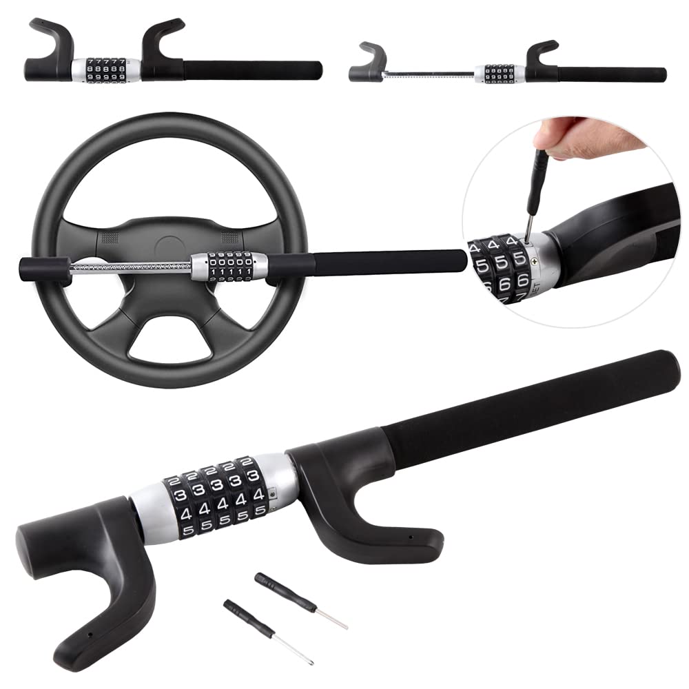Universal 5 Digit Combination Steering Lock - Keyless Anti-Theft Lock for Cars, Trucks, SUVs, Golf Carts, Trailers