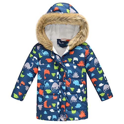 Toddler Boys Girls Cartoon Dinosaur Print Winter Coat Cotton Parka Hooded Snowsuit Thicken Warm Fur Collar Hooded Down Windproof Puffer Jacket Lightweight Outerwear Windbreaker Navy Dino 6-7 Years