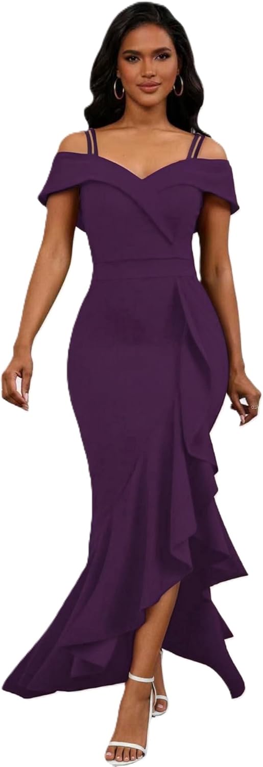 Women High-Waist Bodycon Off-Shoulder Evening Dress Asymmetric Ruffle Hem Perfect for Weddings Parties Dates Night Out
