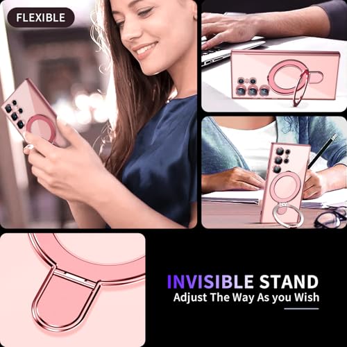 Image of Magnetic Stand & Full Camera Lens Protector Case for Samsung Galaxy S24 Ultra[Compatible with MagSafe][Military Drop Protective]Not Yellowing Clear Slim Soft S24 Ultra Phone Case for Women Men,Pink