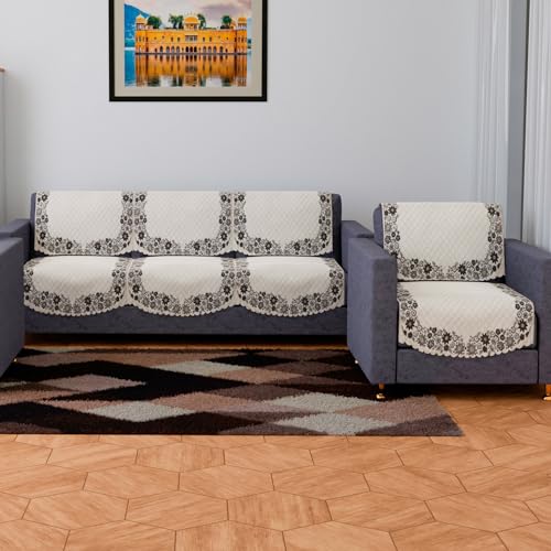 Image of Kuber Industries Sofa Cover | Velvet 3+1 Seater Sofa Slip Cover Set | Digital Painting Sofa Cover | Suede Ultra Sonic Couch Cover | Sofa Slipcover Set Living Room | Cream