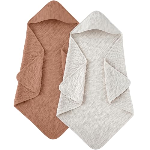 Image of Susurration Hooded Baby Towels for Newborn 2 Pack 100% Muslin Cotton Towel for Babies，Highly Absorbent and Newborn Essential 30x30 Inch Cream&Brown