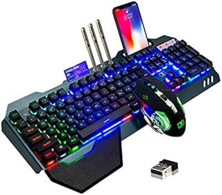 Wireless Gaming Keyboard and Mouse,Rainbow Backlit Rechargeable Keyboard Mouse with 3800mAh Battery Metal Panel,Removable Hand Rest Mechanical Feel Keyboard and 7 Color Gaming Mute Mouse for PC Gamers