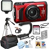 OM SYSTEM Tough TG-7 Digital Camera (Red) + 64Gb Memoey + U-Grip Stabilizer + Case + Tripod + LED Video Light + More (Video Bundle)