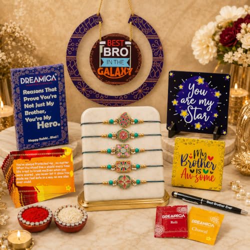 Image of Dreamica Designer Wall Hanging, Set of 5 Rakhi, Fridge Magnet, Standee Showpiece, Pen, Set of 8 Cards, Greeting Card and Tilak Set | Best Rakhi Gift for Brother
