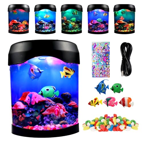 Fake Fish Lamp, Nightly Lifelike Desk Electric Mood Fake Fish Tank Light, LED Light Tank with 6 Color Changing and 5 Fake Fish, Mini Aquarium for Home Office Decor Bedroom,Gifts for Kids and Adults