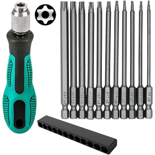 Ksvaye 12 Pièces T6-T40 Tournevis Torx, 100mm 1/4 Magnétique Tige Hexagonale Embout Visseuse Long, Outils de Jeu d'Embouts Torx Électriques à Longs en Acier S2, avec T30 et poignée