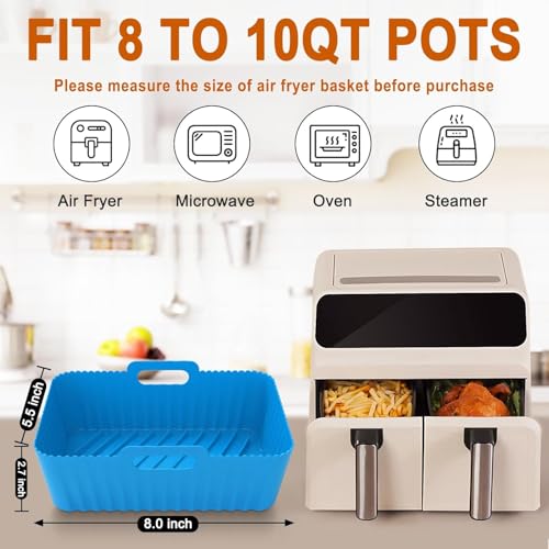 Image of Silicone Air Fryer Liners Rectangle 2 Pack 8.0 Inch Airfryer Liners 8-10 QT Dual Air Fryer Liners Reusable Pot Oven Liner Baking Tray, Air Fryer Basket Silicone Mat Bowl Air Fryer Accessories Kitchen