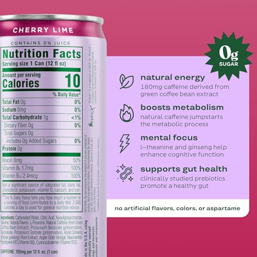 Image of Bloom Nutrition Sparkling Energy Drink - Natural Caffeine, Zero Sugar, 180mg Caffeine - Antioxidant-Rich w /Green Coffee Bean, Green Tea Extract, Prebiotics - Cherry Lime - 12oz 12 pk