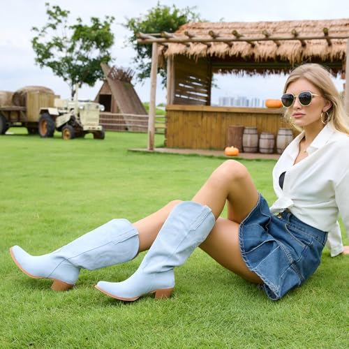 KaroNairy Women Cowboy Boots Faux Suede Embroidered Pointed Thick Heeled Western Wide Calf Cowgirl Ponited Toe Mid Calf Boots3