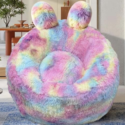 Image of Fluffy Bean Bag Chair for Kids, with Plush Faux Fur Cover, 2.5FT Memory Foam Bean Bag Chairs for Teens & Kids, Ultra Soft Sofa for Living Room /Bedroom /Dorm,Rainbow