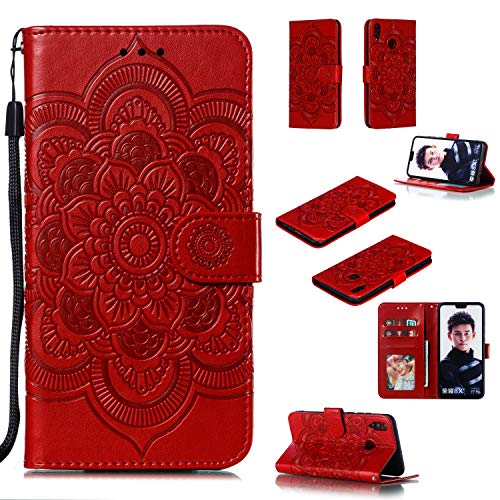 MRSTER Flip Case for Honor 8X PU Leather Wallet Closure Embossed Shockproof Cover with Kickstand Card Slots Holder for Huawei Honor 8X. LD Mandala Red - Image 2