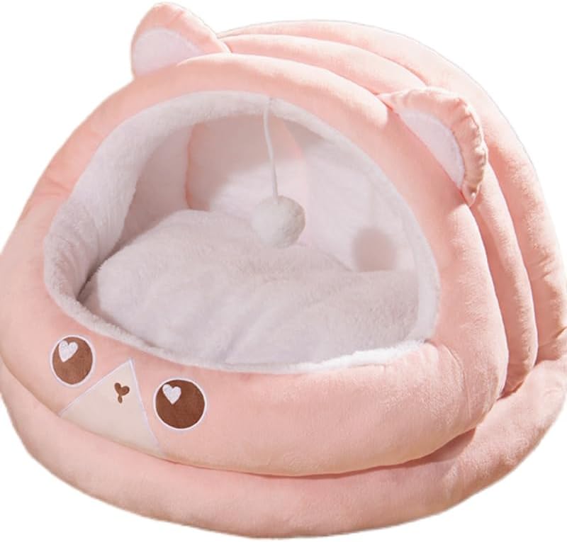 Cozy Pet Cave Bed, Plush Cat House with Soft Fleece Interior, Round Hooded Design in Brown, Grey, Pink, with Hanging Ball Toy (Pink)