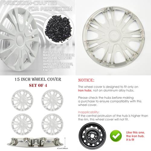 Image of Pure White Hubcap Wheel Cover Replacement Kit 15 inch Hub Caps Wheel Rim Cover Car Exterior Accessories Pack of 4, 15 inches