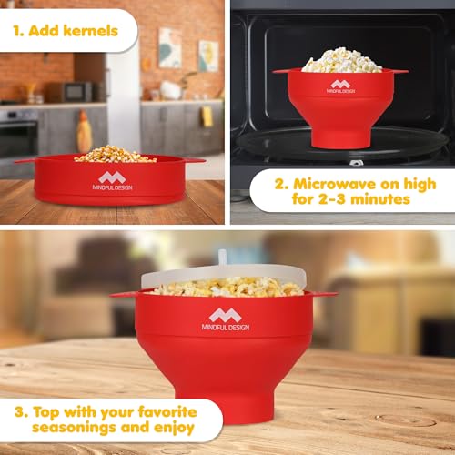 Image of The Original Mindful Design Collapsible Microwave Popcorn Popper - Silicone Bowl, BPA-Free & Dishwasher Safe (Red)