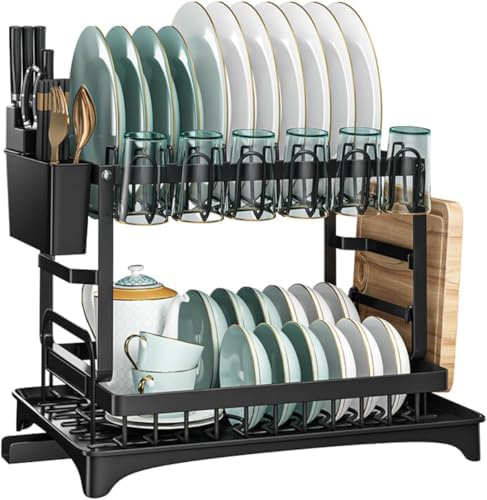 Escorredor de Louças com Design em 2 Níveis, Preto em Aço Carbono...