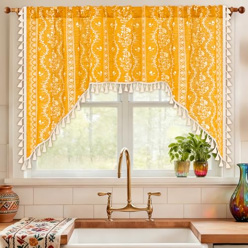 Image of Yinhua Boho Swag Valance Curtains Vintage Linen Valances for Windows Light Filtering Floral Kitchen Valance Rod Pocket Farmhouse Rustic Tassel Window Valances for Bathroom Cafe, 60 inch W x 36 inch L, Yellow