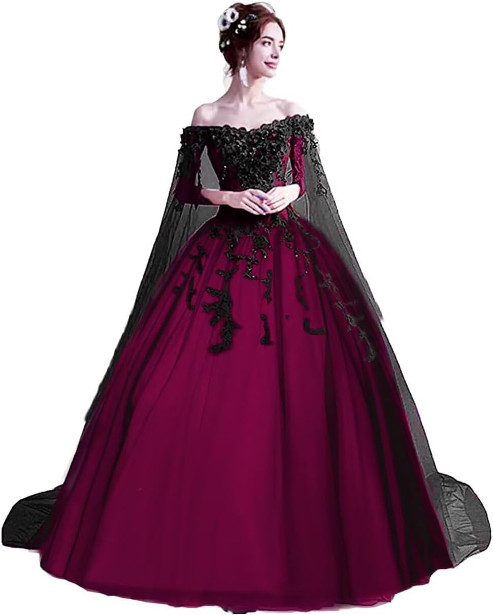 WDBFY Off Shoulder Quinceanera Dresses with Cape Puffy Tulle Masquerade Ball Gowns 3D Flowers Gothic Wedding Dress