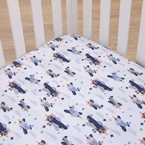 Image of Little Love by NoJo Soar High Little One Navy, Light Blue, Orange, and White Airplanes, Clouds, and Stars Fitted Crib Sheet